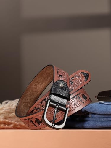 Image of Celtic Genuine Leather Belt for Men | Floral Tooled Casual Belt with Matte Metal Pin Buckle | Adjustable Fit for Office Travel Weekend Everyday Wear | Gifts for Men | Brown Black (38)
