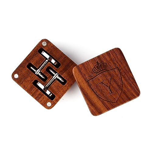 Image of Mens Initial Silver Cufflinks A-Z Alphabet Letter Steel Cuff Links with Engraved Walnut Wood Box Groom Groomsman Wedding Set