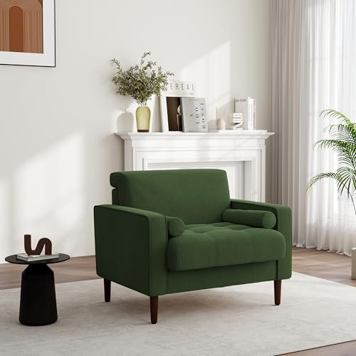 Image of Accent Chairs Set of 2, Corduroy Fabric Upholstered Armchair Mid-Century Modern Arm Chair for Living Room, Comfy Single Sofa Bedroom Side Reading Seat - Green