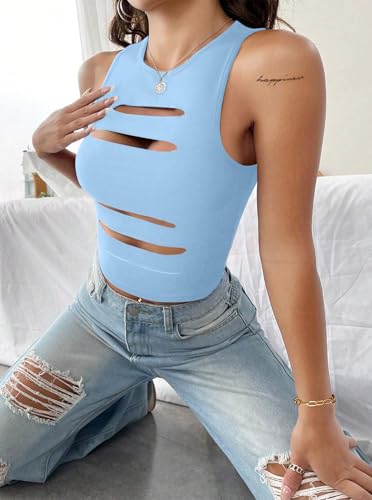 Image of LovelyWholesale Women Sexy Cut Out Crop Tank Tops Crew Neck Summer Sleeveless Top