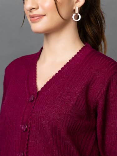 Image of Wear lusso Women's Woolen V-Neck Buttoned Full Sleeve Cardigan Self Design Soft Wool Fabric Winter Wear Pure Wool Sweater with Pockets Stylish Outdoor and Office Wear Girls