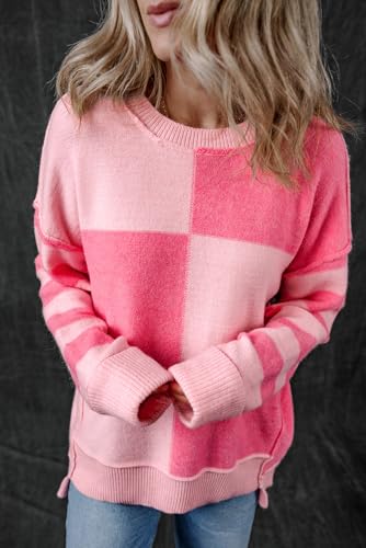 Stylish Long Sleeve Sweater: Pink Colorblock and Striped Pattern3
