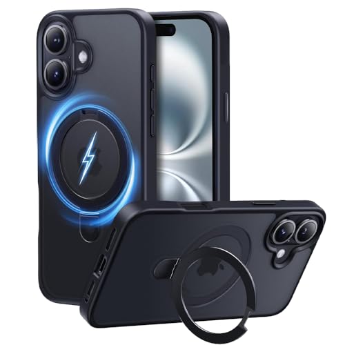 Image of Enflamo Polycarbonate Matte Back Cover Case Stand Magnatic for iPhone 16 Plus | Ultra Hybrid Camera Bump Protection (Black)