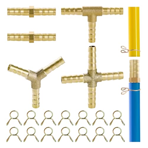 YIXISI - YIXISI 5 Stücke 6mm Schlauchverbinder, 2/3/4 Wege Messing Verbindungsschlauch Verbindungsstück, Messing Verbindungsstück, mit 14 Stück Schlauchschelle, für Kraftstoff, Luft
