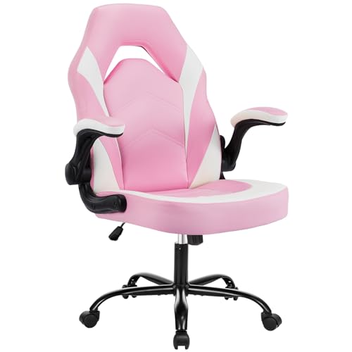 Image of Ergonomic Computer Gaming Chair - Home Office Desk with PU Leather Lumbar Support, Height Adjustable Big and Tall Video Game with Flip-up Armrest, Swivel Wheels for Adults,White and Pink