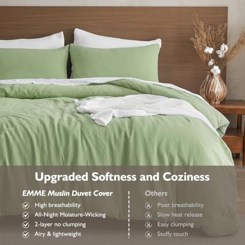 Image of EMME Muslin Cotton Duvet Cover Set King Size Linen Like Soft Breathable Lightweight Summer Comforter Cover Set with Zipper Closure (Sage Green, King)
