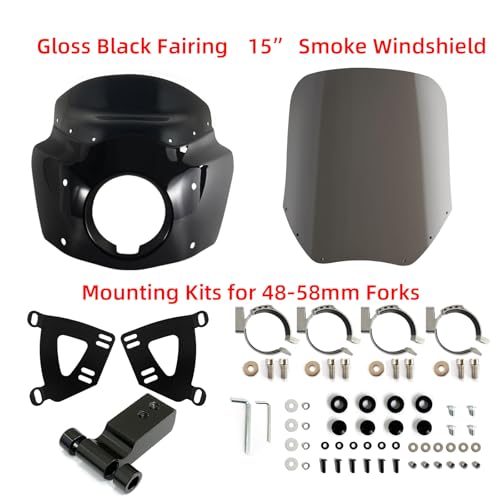 Image of FATECIM Motorcycle 5.75 inch Headlight Fairing with 15 inch Smoke Windshield Windscreen & 48-58mm Mounting Kit Headlight Extension Block For Harley 2018 2019 2020 2021 2022 Softail FXBB Street Bob