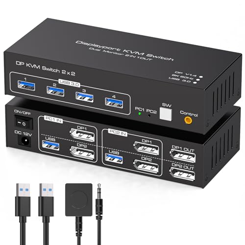 4K@120Hz KVM Switch 2 Monitors 2 Computers 8K@60Hz Displayport KVM Switch Share Dual Monitor and 4 USB Devices Support Extended/Copy Mode with USB 3.0 Cables and Extended Controller