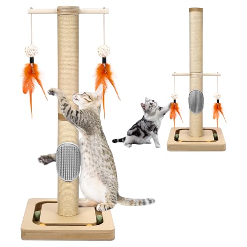 27” Tall Cat Tree for Kittens, Jute Scratching Post with Hanging Toy and Ball Track for Kitten & Adult Cats, Small Cat Tower with Toys, Cat Activity Tree Indoor