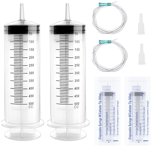 2 Stück 500 ml Spritze mit Schlauch Große Spritze Wiederverwendbar Plastikspritze mit Kappe Großer Kapazität Spritzen Einzeln Versiegelte Spritzen für Labor Industrie Haustierfütterung