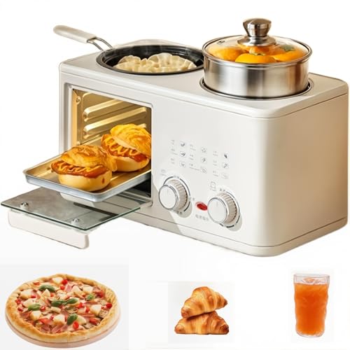 Macchina per la Colazione Multifunzione 4 In 1, Macchina per Cuocere e Grigliare da 1200 W, Forno da 8 Litri e Pentola per Cottura Profonda da 0,8 Litri, Temporizzazione di 60 Minuti, Padella