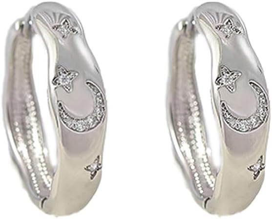 Star Moon Hoop Earrings for Women 925 Sterling Silver Christmas Cartilage Earrings Cubic Zirconia Cosmic Planet Moon Huggie Hoops Earrings Minimalist Ear Jewelry