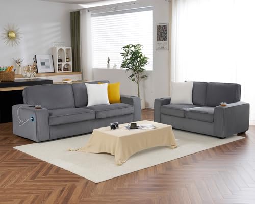 VanAcc Sofa, 2 Piece Set, 3 Seater Sofa and Loveseat with Cup Holders & USB Charging Ports, Modern Couches for Living Room(Ash Grey Corduroy)