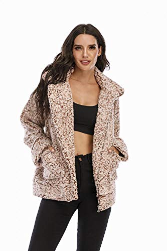 Women's Faux Fur Coat for Winter Warm Long Sleeve Lapel Zipper Up Oversize Shearling Shaggy Fleece Jacket Outwear with Pockets (Light Brown,Medium)