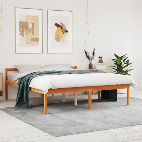 Cama Alta para Personas Mayores, Estructura de Madera de Pino Macizo, Diseño con Cabecero y Almacenamiento, Cama Matrimonial Ideal para Dormitorio Principal o Adultos, Color Marrón Cera, 160x200 cm