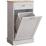 KIGOTY Tilt Out Trash Cabinet,Wooden Kitchen Trash Bin Holder Garbage Bin Recycling Cabinet Laundry Hamper with Solid Wood Countertop and Hideaway Drawer (White)
