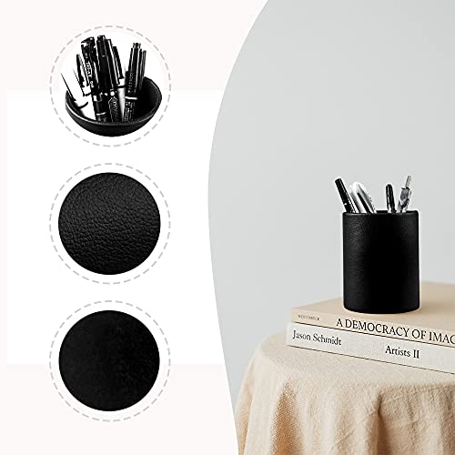Image of Pen Pencil Holder Cup Container PU Leather Desk Organizer Stand Decor Brush Scissor Holder Decoration Office Desk Home School (3.3 inch x 3.3 inch x 4 inch, Black)