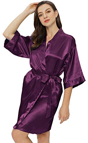 Goodmansam Women's Simplicity Stlye Bridesmaid Wedding Party Kimono Robes, Short,Eggplant Purple4,Medium
