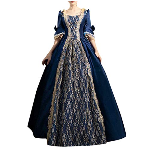 Vestido gótico medieval para mujer, de reina victoriana, de encaje, de satén, con mangas de trompeta, hasta el suelo, estilo retro, de princesa renacentista, de noche, atado a la cintura, Marine1., S