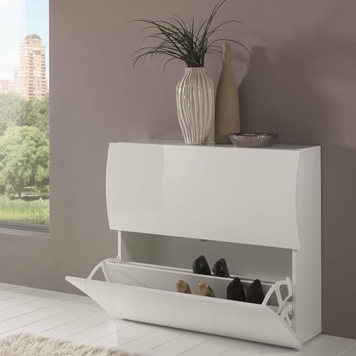 Dmora - Étagère à chaussures Andrea, Armoire polyvalente avec 2 portes pliantes, Étagère à chaussures d'entrée, 100% Made in Italy, 101x27h82 cm, Blanc brillant