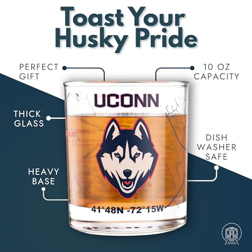 Image of Greenline Goods - University of Connecticut Huskies College Whiskey Glasses (Set of 2), 10 oz - Full-Color Logo + Campus Map