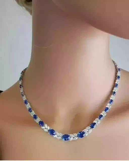 DJ || Women Tennis Choker Necklace 14K White Gold Plated 25CT Oval Cut Lab-Created Blue Sapphire & Diamond Beautiful Engagement 925 Sterling Silver 18"