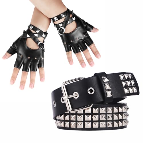 3 Pieces Punk Gloves and Belt Set for Men Women Black Leather Belt Punk Accessories