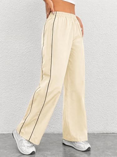 Image of Women Casual Loose Fit Track Pants High Waist Elastic Waistband Straight Wide Leg Trousers with Side Piping, Gym Yoga Running Athletic Sweatpants Comfortable