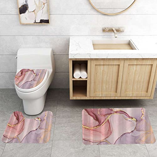 UGSONSJ 3-teilig Badematten Set, 3D Digitaldruck Marmor Badteppich Sets rutschfest Badvorleger Violett Waschbar U…
