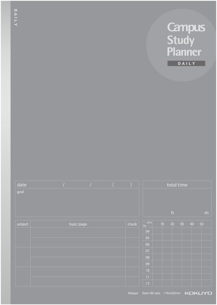 Kokuyo Campus Study Planner Notebook, Daily Ruled, Semi-B5, Gray, for 63 Days, Japan Import (NO-Y80MD-M)