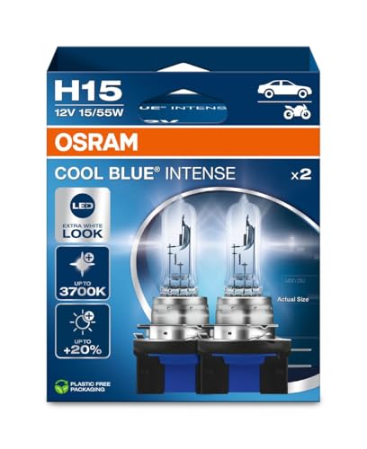 Image of Osram Cool Blue Intense H15, 20% more brightness, up to 3700K, halogen headlight lamp, LED-look, duo box (2 lamps), 64176CBN-HCB [energy class A]