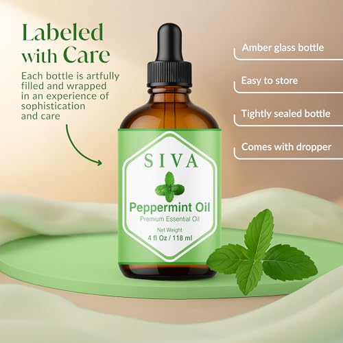 Image of Siva Peppermint Essential Oil 4 Fl Oz - for Diffuser, Skin & Hair Care - Ideal for Aroma, Massage & DIY Blends- with Dropper