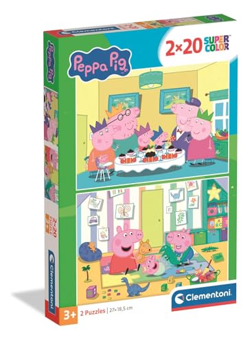 Clementoni - Peppa Pig Super Color - Pack de 2 Puzzles de 20 Piezas para Niños, Edad 3+, Escenas de Fiesta y Juego, Materiales Sostenibles, 27 x 19 cm, 24831