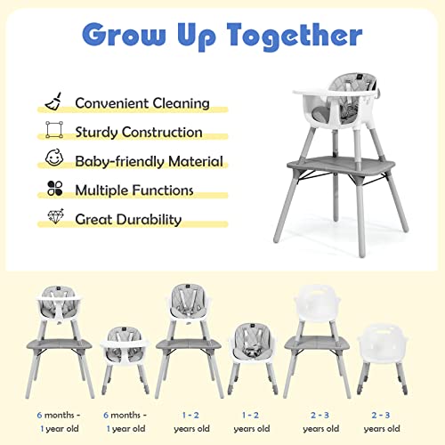 Image of HONEY JOY 5-in-1 High Chair, Convertible Highchair for Babies and Toddlers /Kids Chair Table Set /Infant Feeding Chair w /Safety Harness, PU Leather Cushion & Removable Food Tray (Gray)