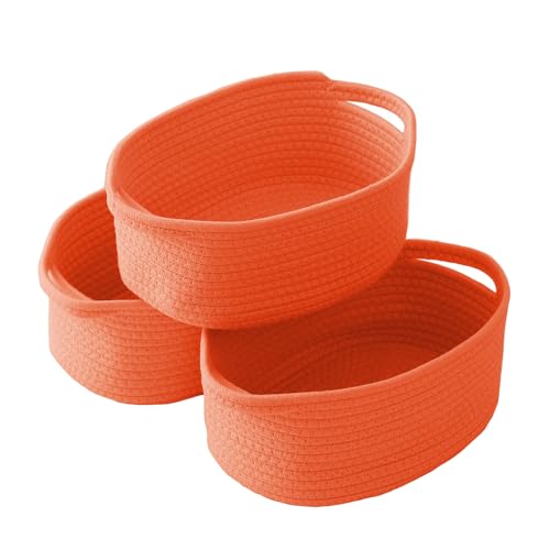 JMvicyroam Woven Basket,Small Rope Storage Bin with Handles & Ribbon Bag, Organizer for Shelves Closets,Gift Basket Empty for Birthday,Books,Dog Toys,Orange/3 Pack