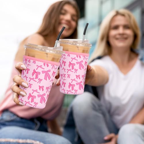 Image of Reusable 3-Pack Iced Coffee Cup Sleeve, Insulated Neoprene, Beverage Holder for Iced Coffee, Durable Drink Sleeve for Cold Beverages, Pink Bows