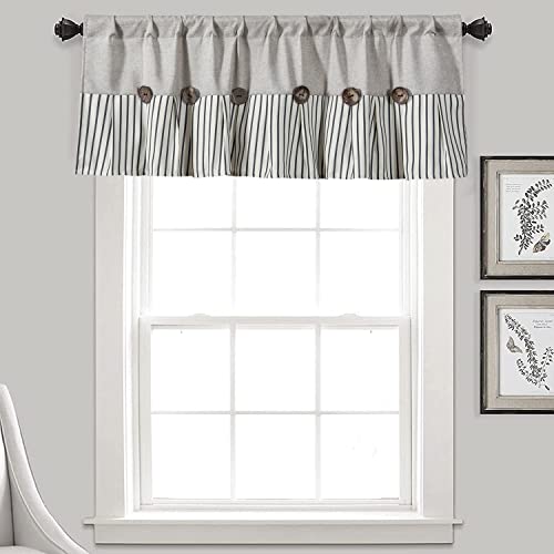 RoomTalks Linen Ruffle Button Window Valances Farmhouse Cottagecore French Country Kitchen Bathroom Living Room Decor, Ticking Stripe Khaki Valances Light Filtering Small Window Curtains 18’’L x 52’’W