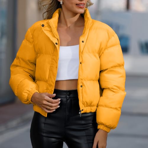 fartey Short Puffer Jacket Women Zip Snap High Neck Jacket Warm Winter Coat - image 7