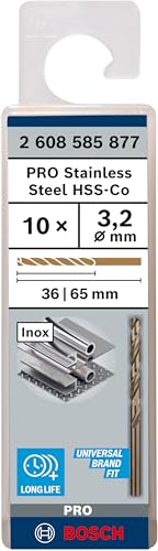 Forêt à Métaux Rectifié HSS-Co, DIN 338, 135° Angle de Coupe, 36mm Longueur Utile, 3.2mm Diamètre, Lot de 10