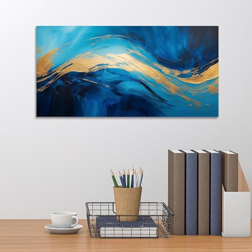 Tableau abstrait bleu et or luxueux grand format encadré