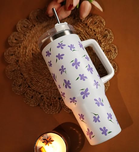 Image of 1200ML Stainless Steel Tumbler Hot and Cold with Handle and Lid and 2 Straws, Double Insulated Cup Leak Proof Mug Cupholder for Gym, Travelling (Purple Flowers)