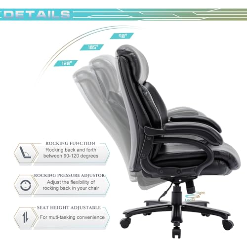 Heavy-Duty Big and Tall Office Chair - 400lbs Capacity, Extra Wide Ergonomic Leather Desk Chair with Adjustable Tilt and Padded Armrests - Black