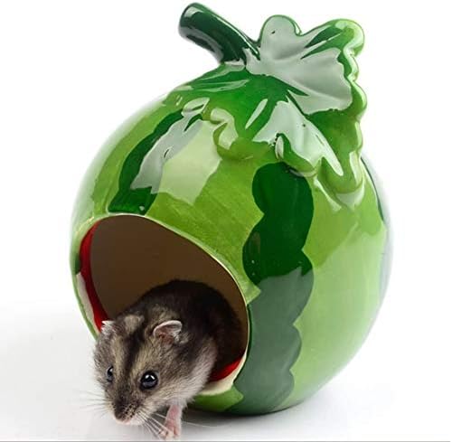 Hamster Hideout Ceramic Adorable Cartoon Shape Hamster House Chinchilla Mini Hut Small Animal Hideout Cave Cage Accessories (Watermelon)