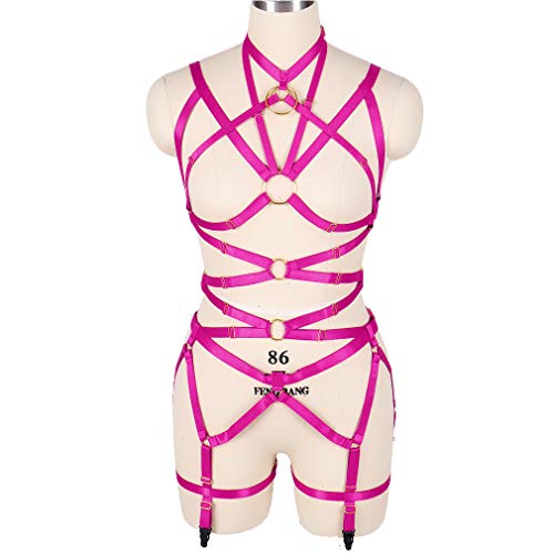 Women's Punk Harness Body Full Strappy Waist Belts EDC Dance Rave Wear (Rose Red)