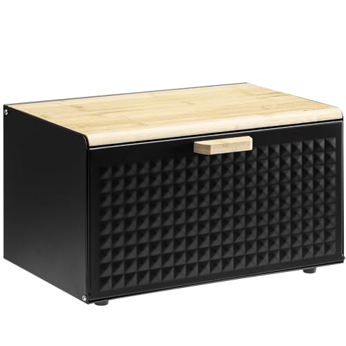 Navaris Boîte à Pain Design - Grande Boite à Pain Rectangle en Métal Noir avec Couvercle en Bambou pour Conservation Baguette Brioche Pain de Mie...