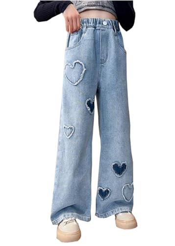 Girls Lovely Heart Pattern Printed Elastic Waist Pants Casual Denim EIDE-Leg Loose Jean Pants with Pockets