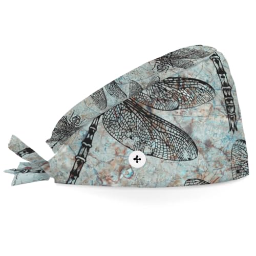 Mularoka Hand Painted Dragonflies Working Caps with Button Sweatband Comfortable Adjustable Bouffant Hats Work Hat for Women Men