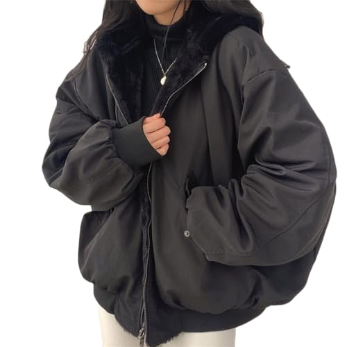 Godoboo Damen Winterjacke Auf Beiden Seiten Parka Warmer Winter Wendejacke Kurzmantel Warm Fleece Gefütterter Doppelseitige Winter Mantel mit Fellkapuze Fleece