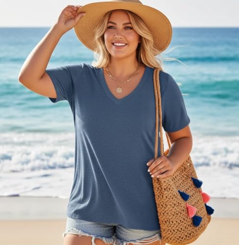 Image of ForHailey Women's Plus Size Short Sleeve Tee Shirt V Neck Basic Ladies Loose Fit T Shirt 1X-5X