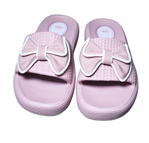 Women's Slide Slippers with Bow, Pink, Textured Footbed, Casual Comfort